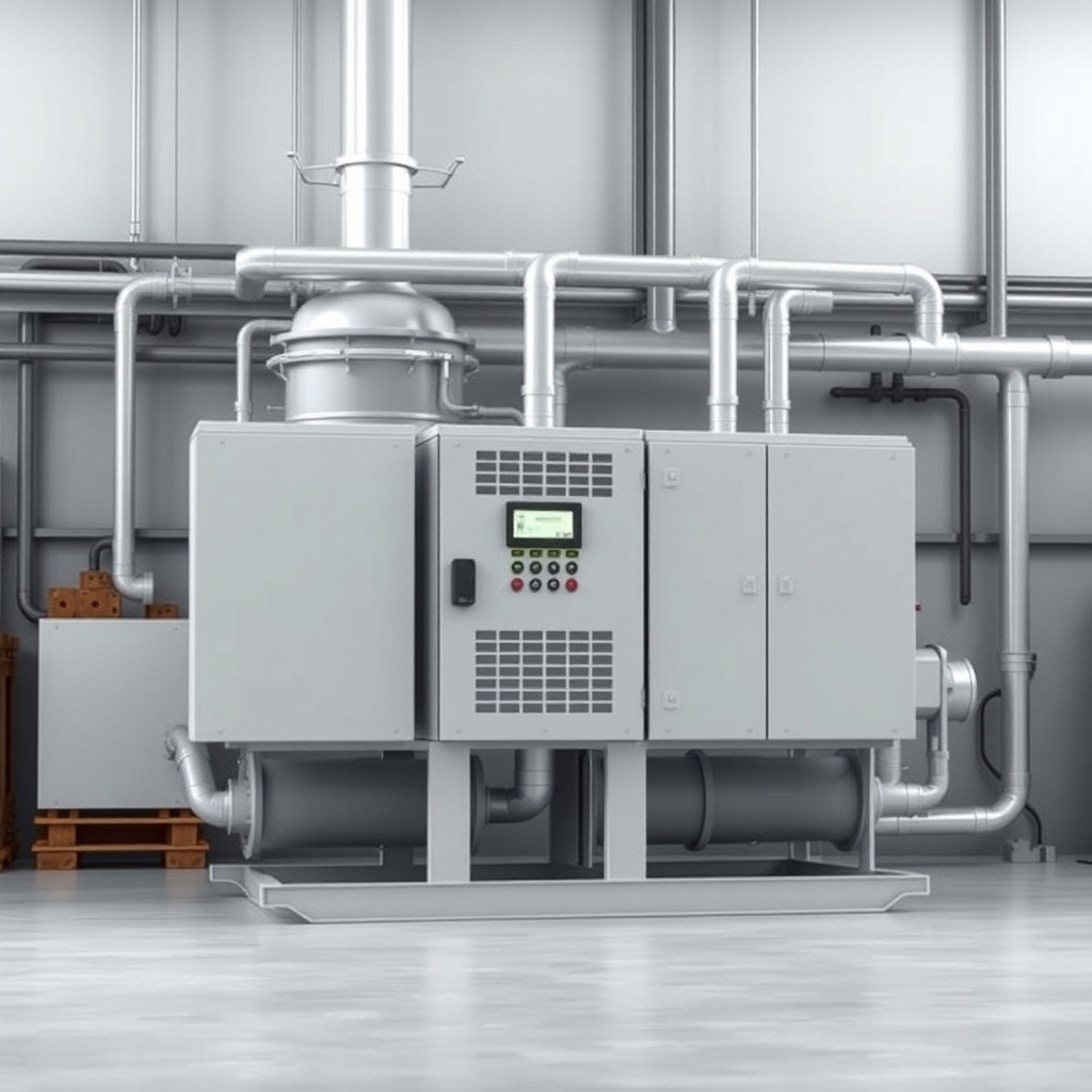 <clean photorealistic photo of an industrial dehumidifier unit with pipes and control pane