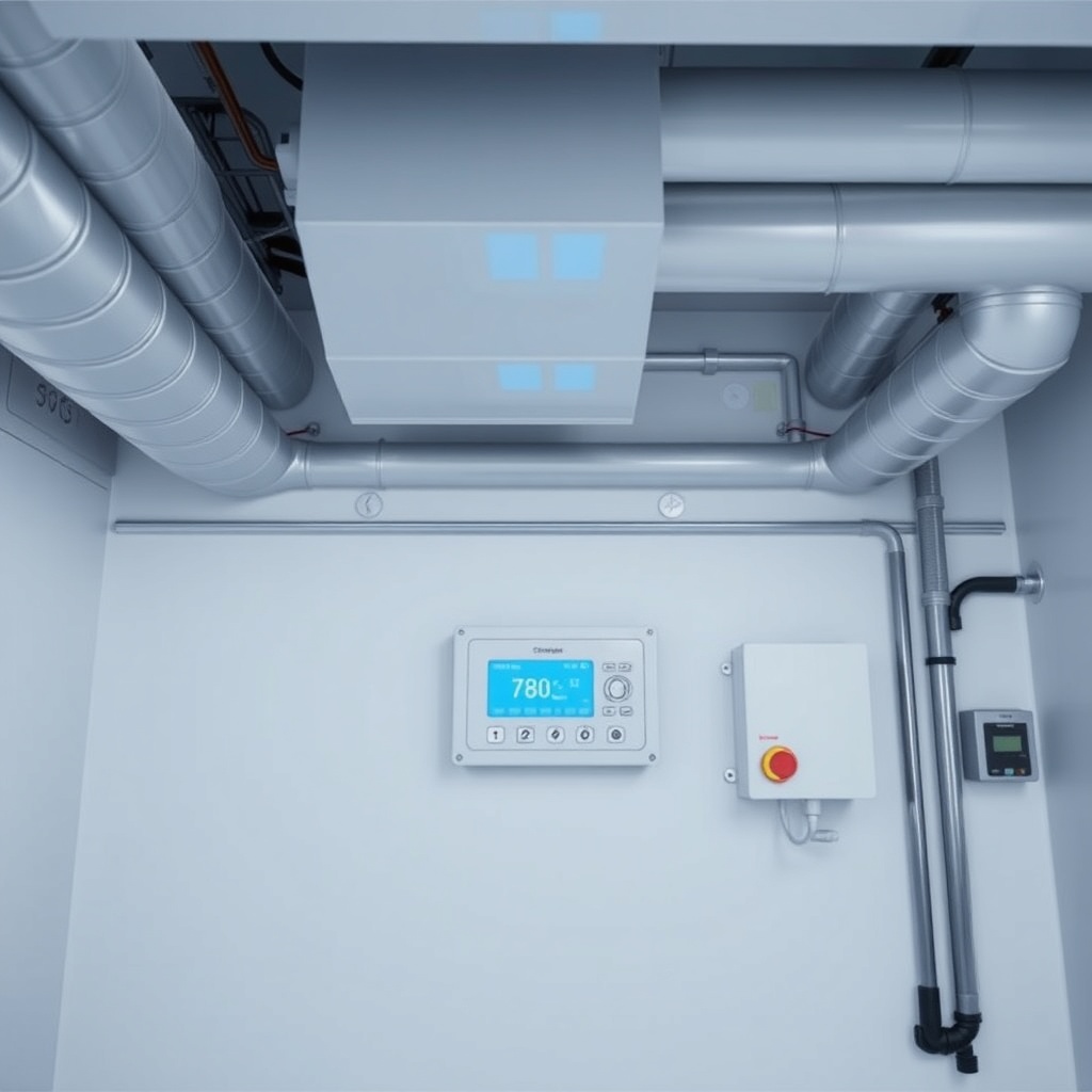 <clean photorealistic photo of HVAC ductwork and thermostat panel in a cold storage room