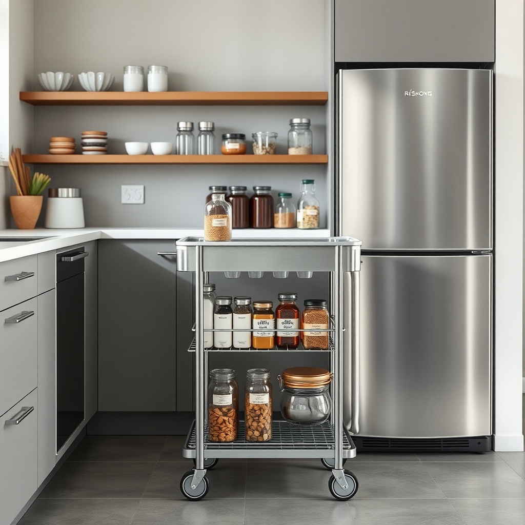 A photorealistic close-up shot of a modern kitchen with a sleek Råskog utility cart placed