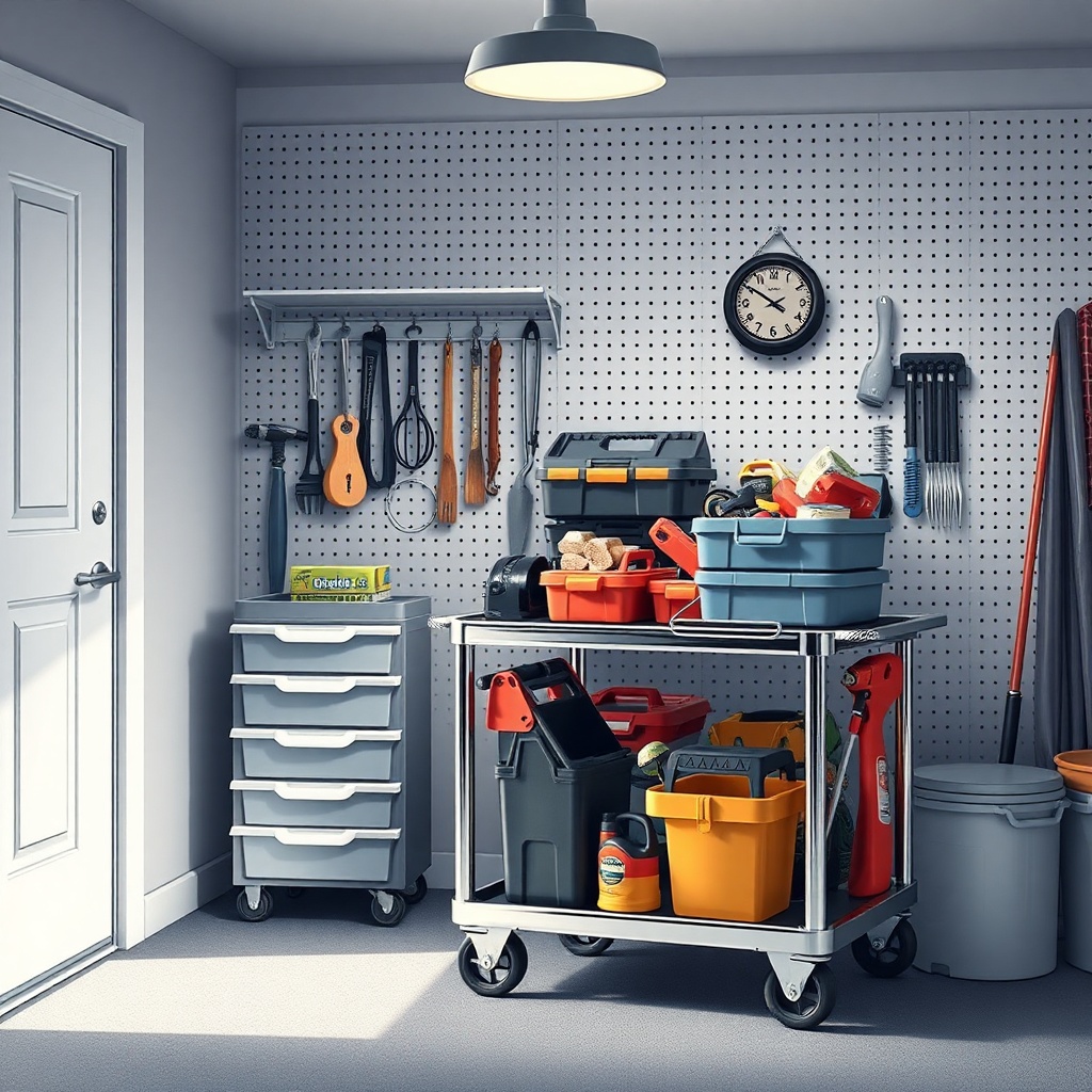 A photorealistic illustration of a well-organized garage corner featuring a loaded Råskog