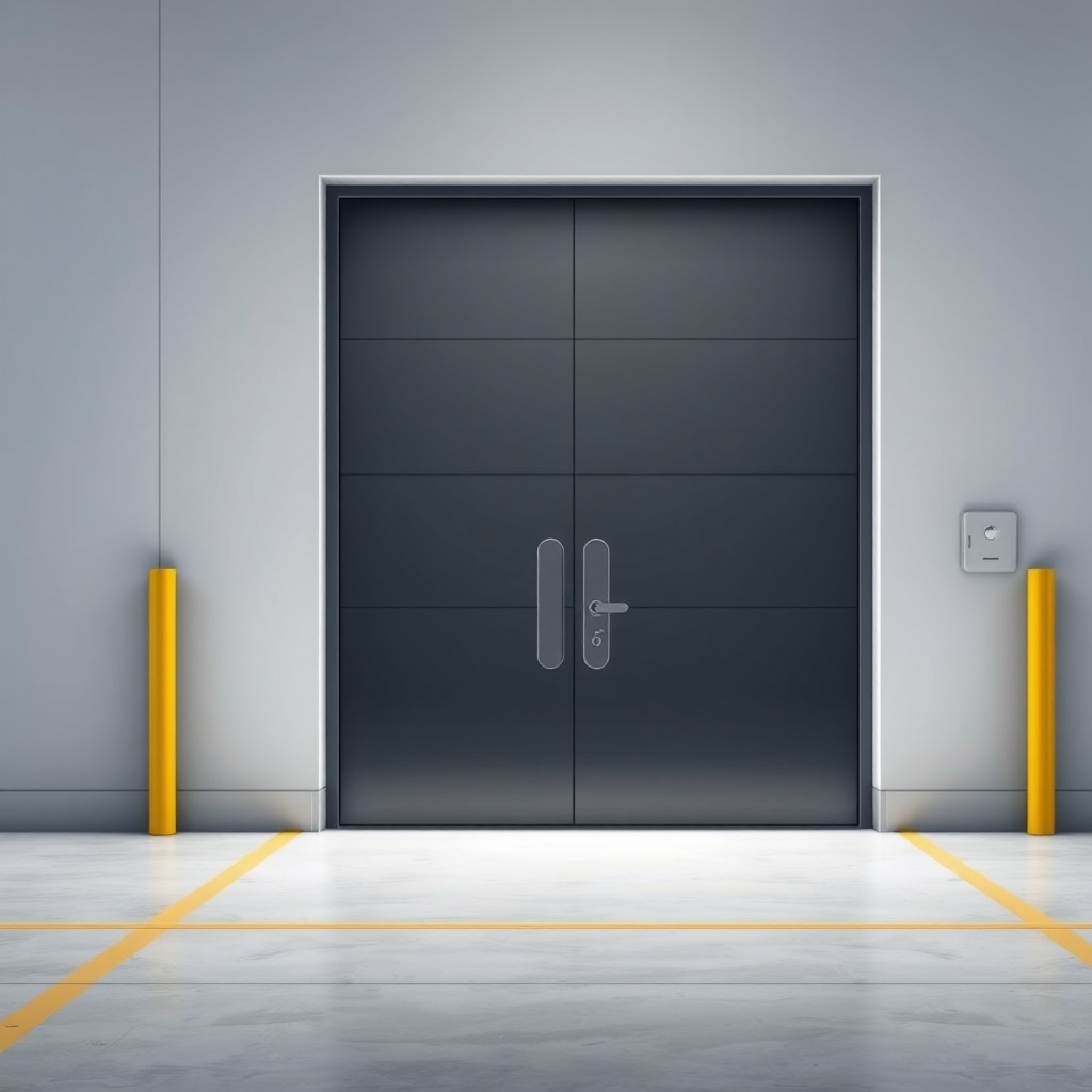 <clean photorealistic photo/illustration of a modern warehouse door with a sleek smart loc
