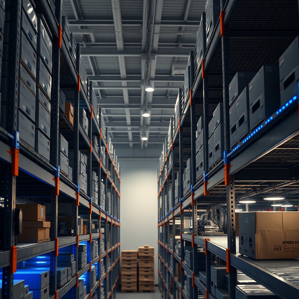 <clean photorealistic photo of a modern warehouse with temperature and humidity sensors on
