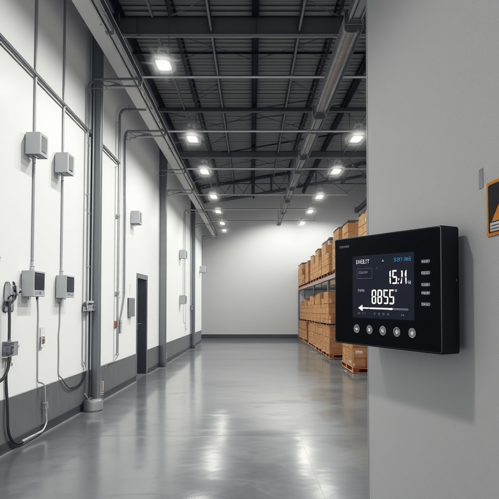 <clean photorealistic photo of a warehouse interior with humidity sensors on walls and a d