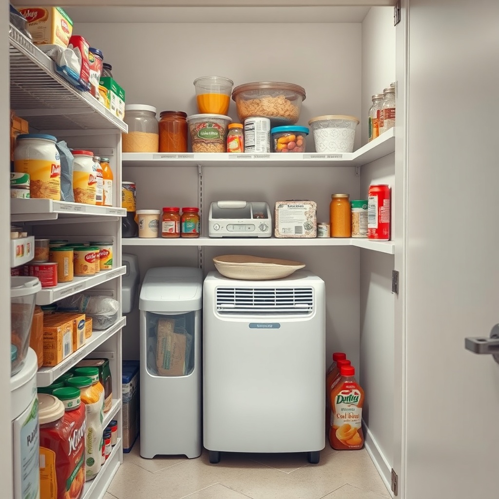 <clean photorealistic photo of a cluttered pantry with spoiled food and a small dehumidifi