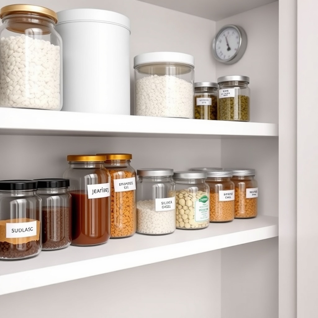<clean photorealistic photo of organized pantry shelves with glass jars and small silica g