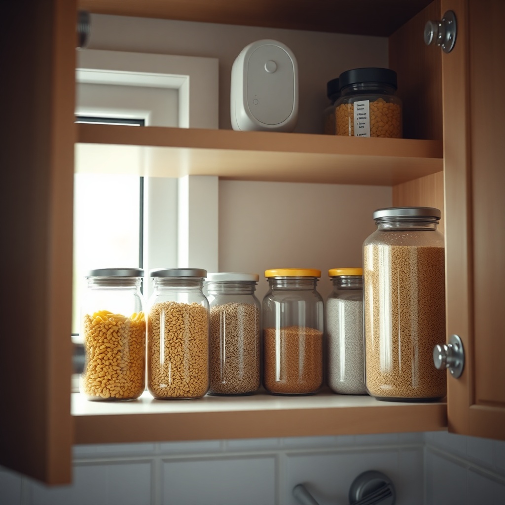 A photorealistic close-up of an open kitchen cabinet with neatly stacked jars of pasta