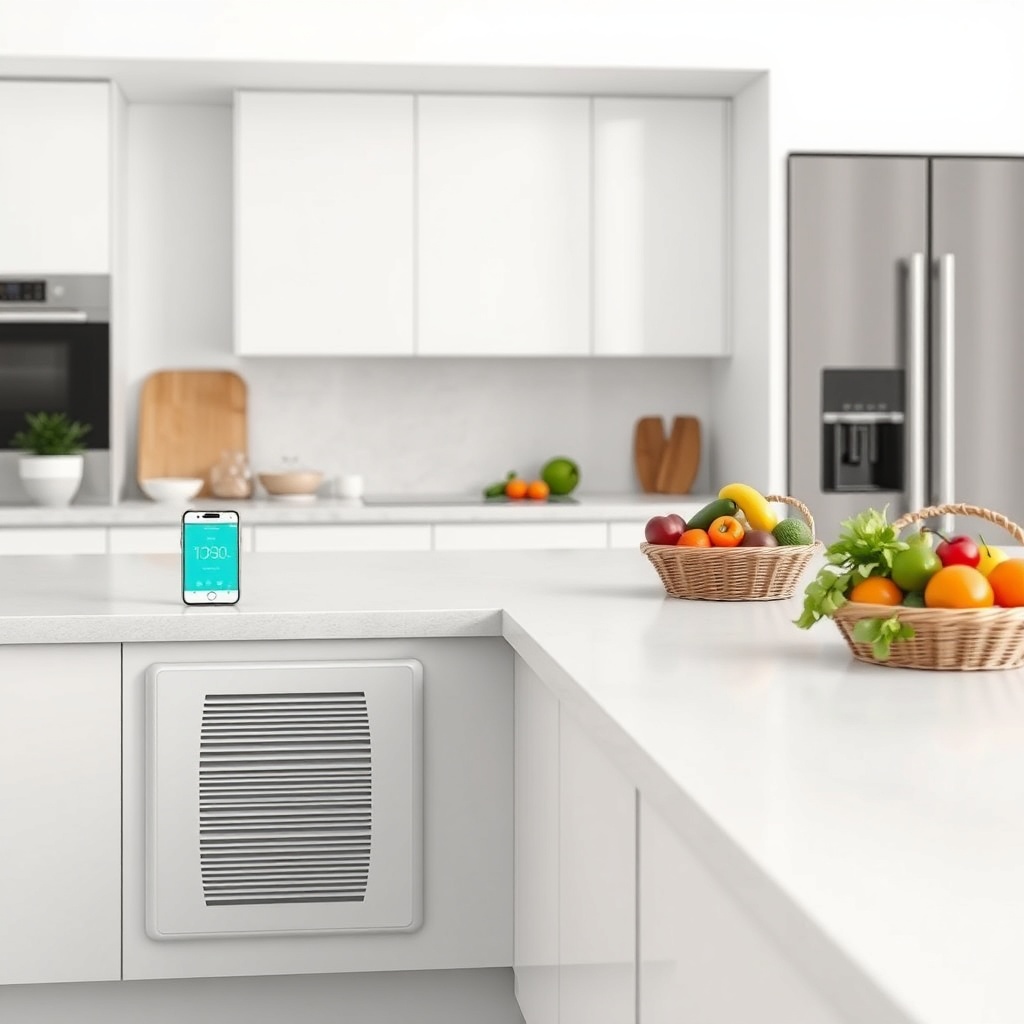 A photorealistic shot of a modern kitchen island with a sleek white humidity control unit