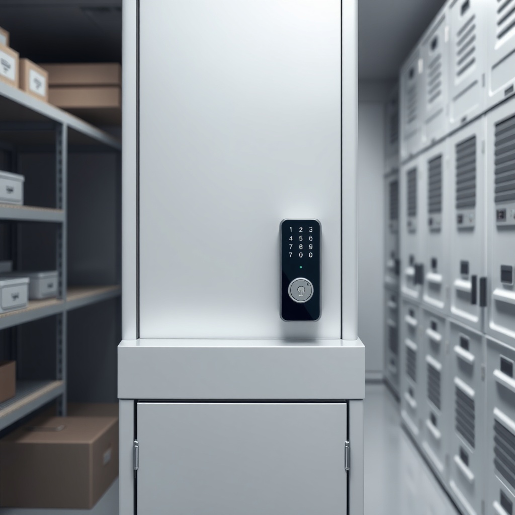 A photorealistic photo of a smart lock system on a metal cabinet in a clean