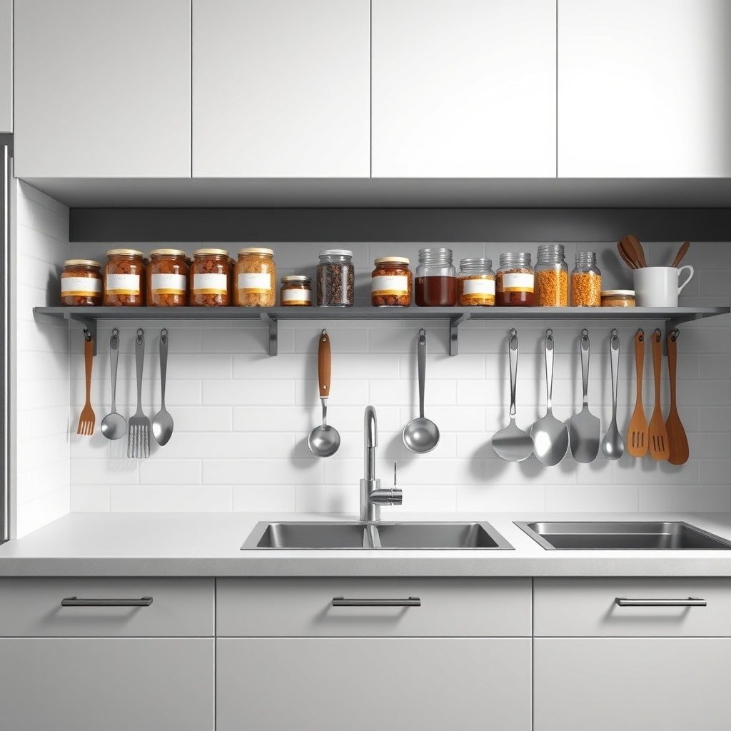 A photorealistic wide shot of a modern kitchen with magnetic shelves holding jars and tool