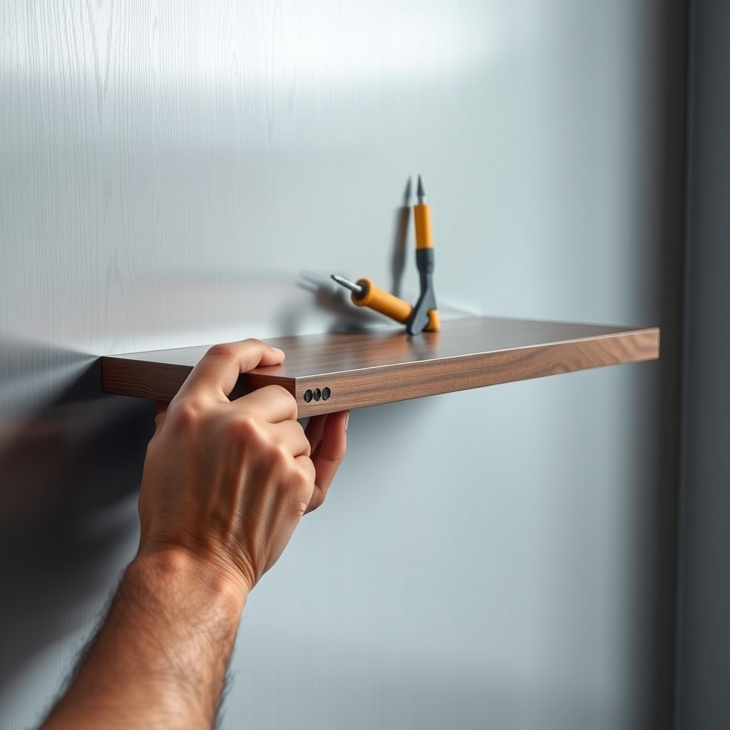 A photorealistic close-up of hands installing a magnetic shelf with tools on a metallic wa