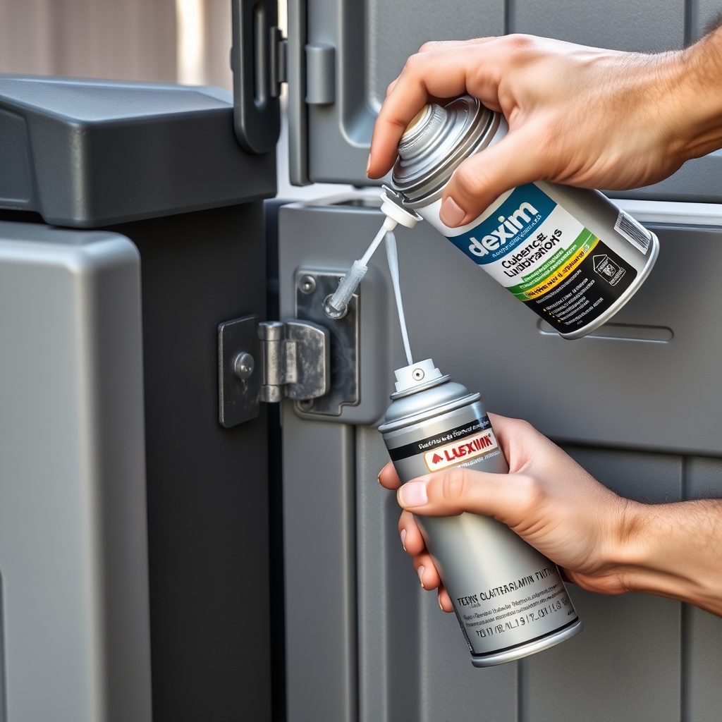 A photorealistic photo showing a person spraying a silicone lubricant onto the hinge mecha
