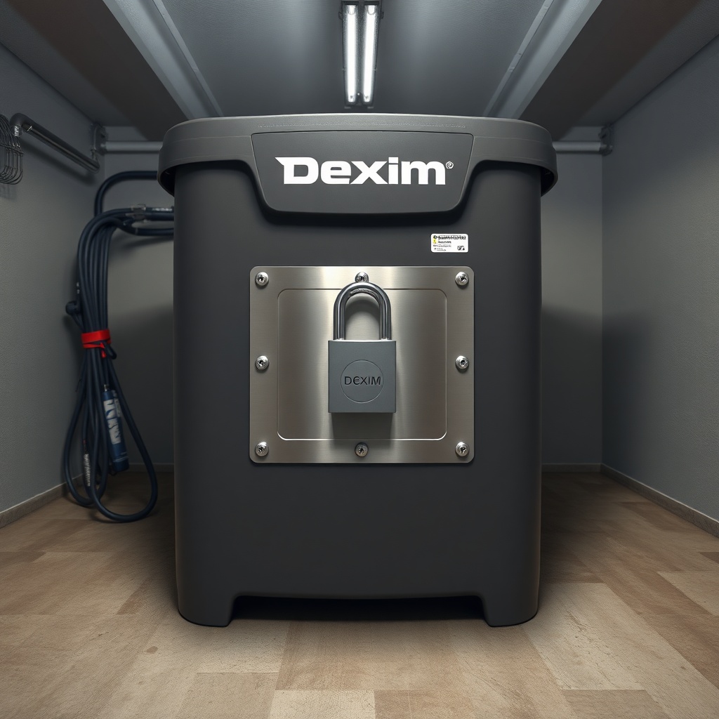 A photorealistic wide-angle photo of a Dexim outdoor storage unit with a heavy-duty padloc