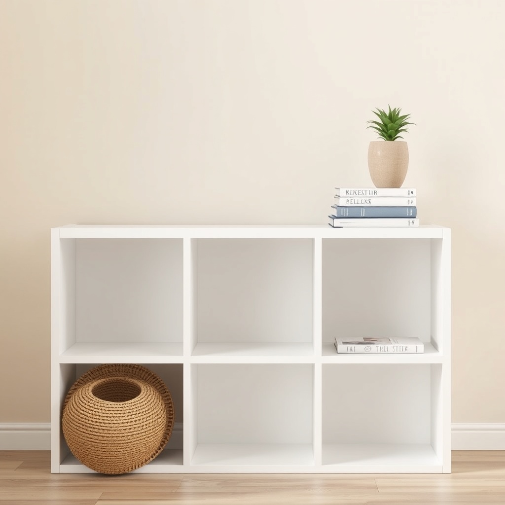 A clean photorealistic photo of a white IKEA KALLAX 4x4 unit placed horizontally against a