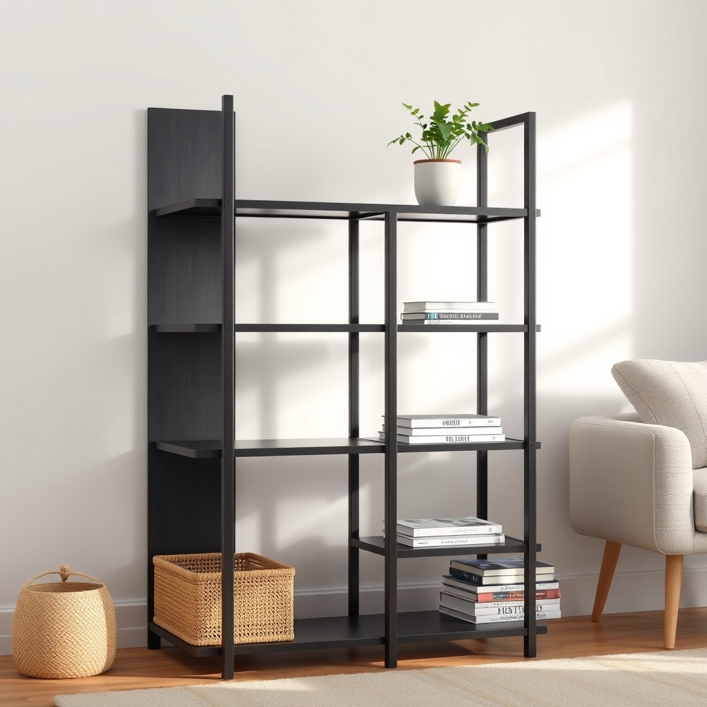 A photorealistic illustration of an IKEA KALLAX 2x4 unit in black-brown finish
