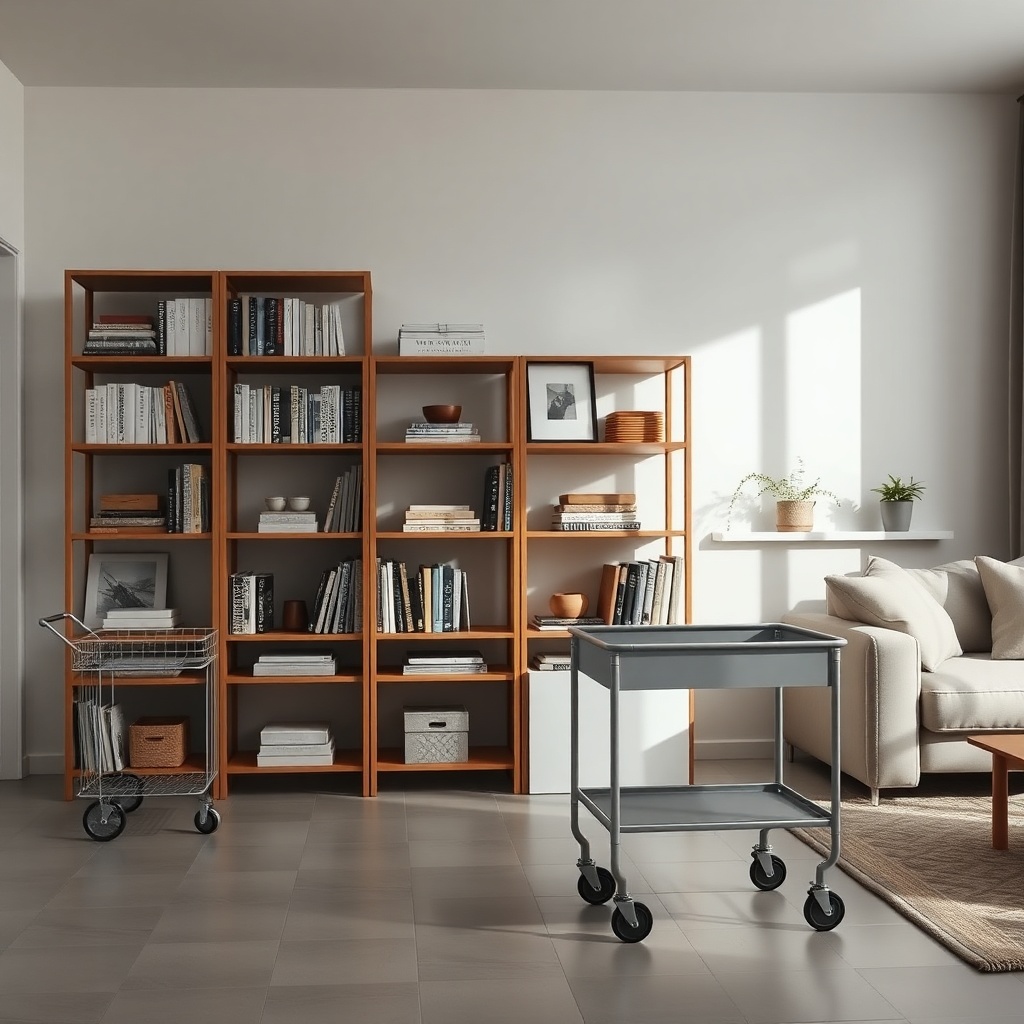 A photorealistic wide shot of an IKEA KALLAX shelf unit in a modern living room