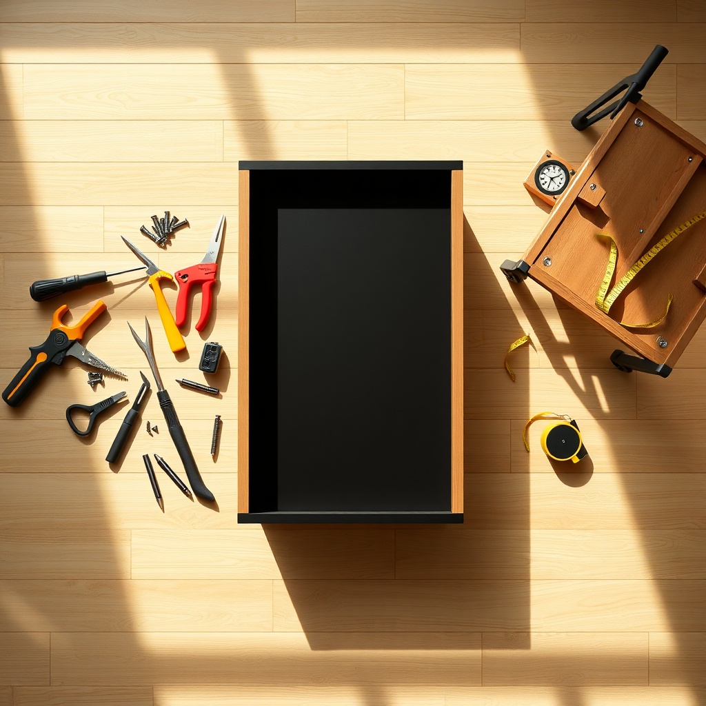 A photorealistic flat lay shot showing the IKEA KALLAX assembly process with tools and scr