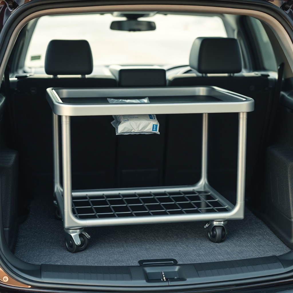 A close-up photorealistic shot of a silver IKEA Råskog cart placed on the carpeted trunk o