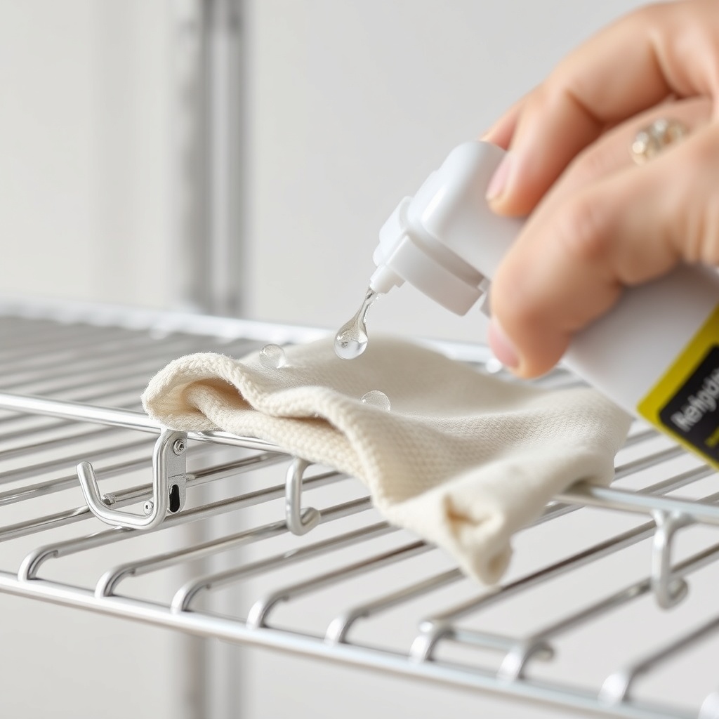 A photorealistic macro photo of a silver Råskog wire shelf with a glossy silicone-based pr
